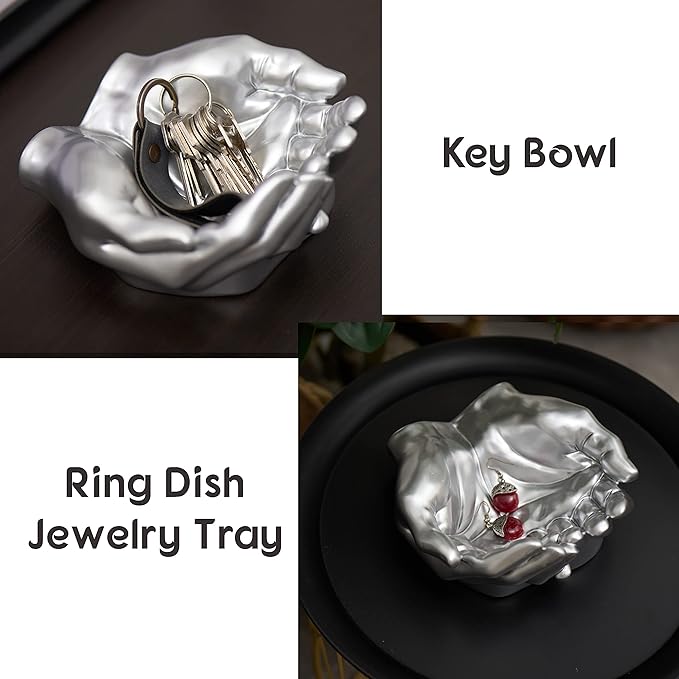 Hand Shaped Succulent Planter Pot - Crystal Holder Display - Air Plant Holder Hand Planter - Giving Hands Sculpture Decor - Key Bowl Ring Dish Trinket Dish Candy Dish - Candle Holder (Silver)