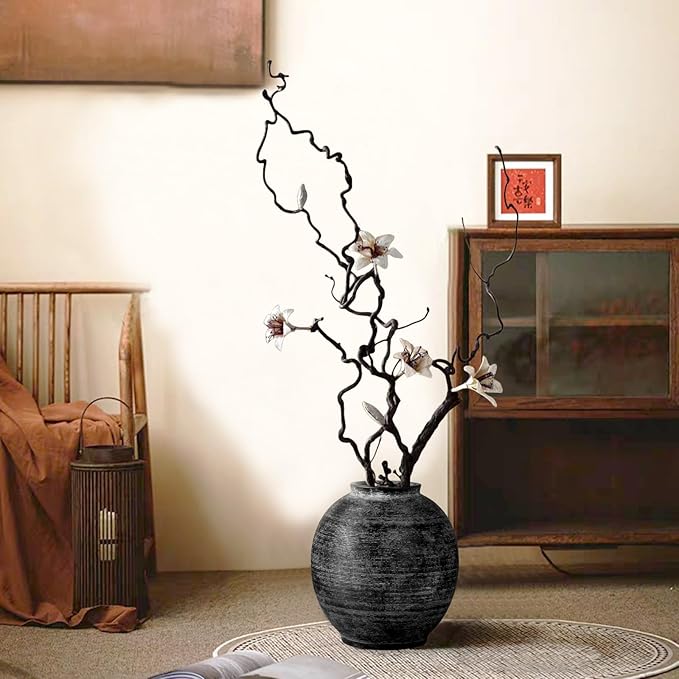 Large Black Ceramic Vase, 10.8 inch Round Minimalist Textured Floor Vase, Rustic Farmhouse Decor for Home, Living Room, Shelf, Table, Bathroom & Entryway Decoration (Black Bronze)