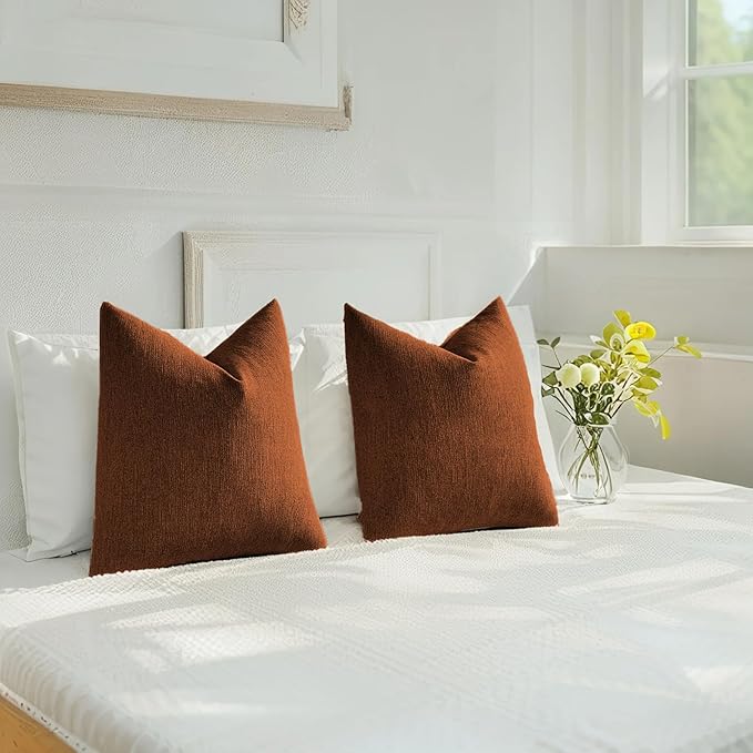 HAUSSY Rust Throw Pillow Covers 24x24 Inch Set of 2,Boho Decorative Faux Linen Throw Pillows Cozy Farmhouse Accent Cushion Covers,Home Decor for Couch Sofa Bed Living Room
