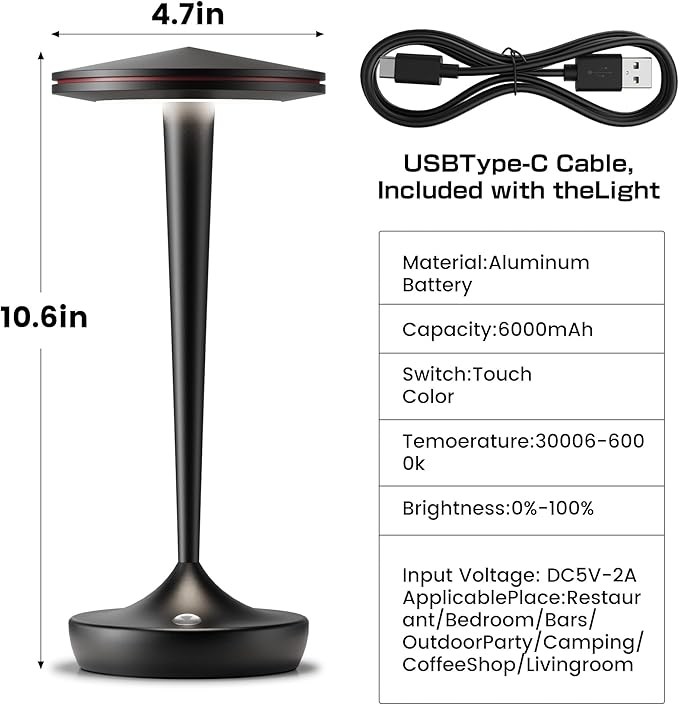 Cordless Lamp Rechargeable LED Table Light,48Hrs Battery Operated Table Lamp,Potable Lamp with Stepless Dimming and Waterproof Lamp for Kitchen,Dining,Shower,Outdoor Patio,Camping (2Pblack)