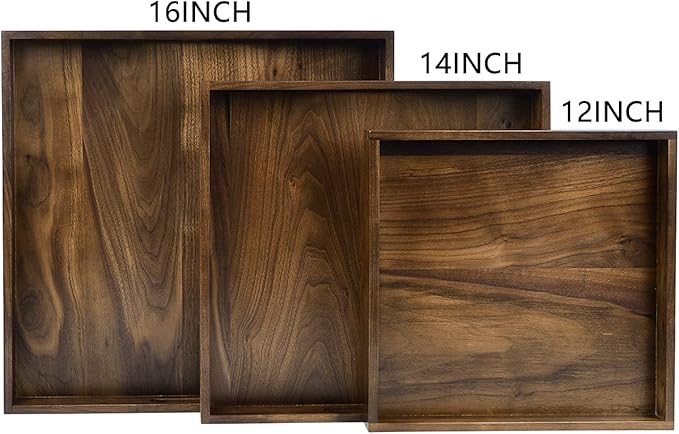 14 x 14 inches Large Square Ottoman Tray Solid Wooden Black Walnut Table Platter Decorative Serving Tray with Handle for Oversized Ottoman Home Breakfast in Bed Tea Coffee