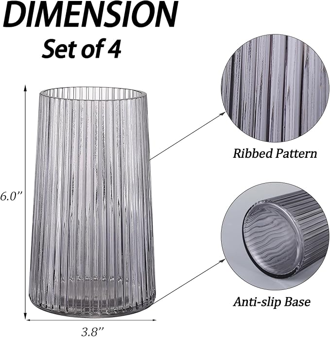 Black Glass Vases Set of 4, Small Vases for Flowers, Flower Vase for Bouquet, Modern Ribbed Glass Vase for Living Room, Bedroom, Dining Table, Office, Wedding, Centerpieces