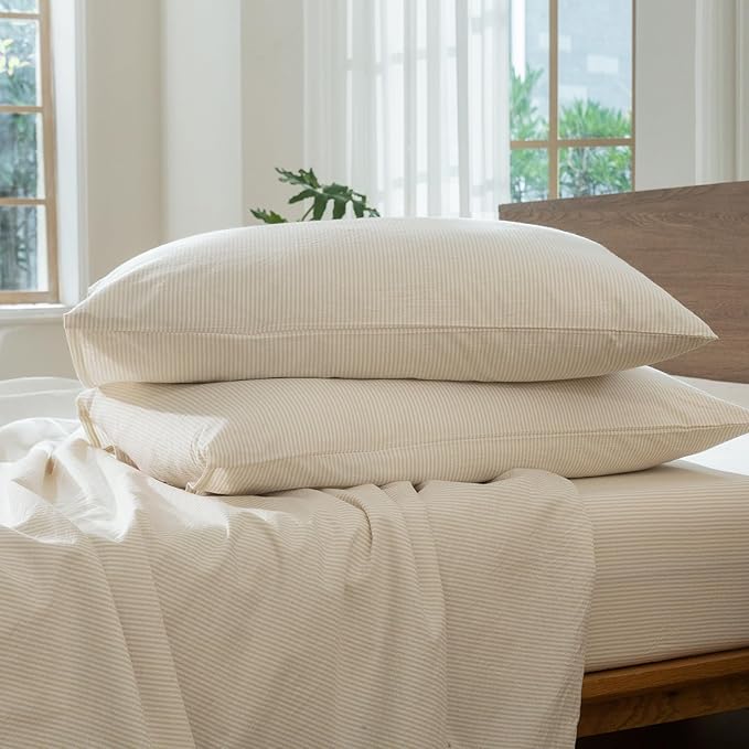MooMee Striped Duvet Cover Set 100% Washed Cotton Linen Like Textured Breathable Durable Soft Comfy (Almond Milk Grey Pinstripes, Cal King 104"x98")