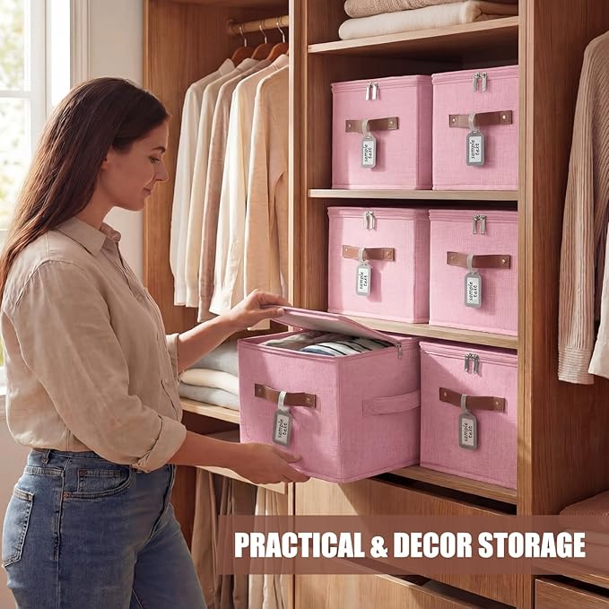 6 Pack Fabric Storage Bins with Lids and Label, 10×8×7Inch Foldable Cotton Linen Cute Storage Boxes with PU Leather Handles for Closet, Bedroom, Shelf, Nursery, Pink