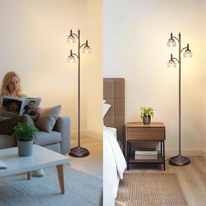 JUNNAI Brown Glass Floor Lamps for Living Room 66.5'' Standing Lamp with 3 Brightness Lights Vintage Mid Century Modern Pole Bronze Tree Lamp for Bedroom Office(3LED Bulbs Included)