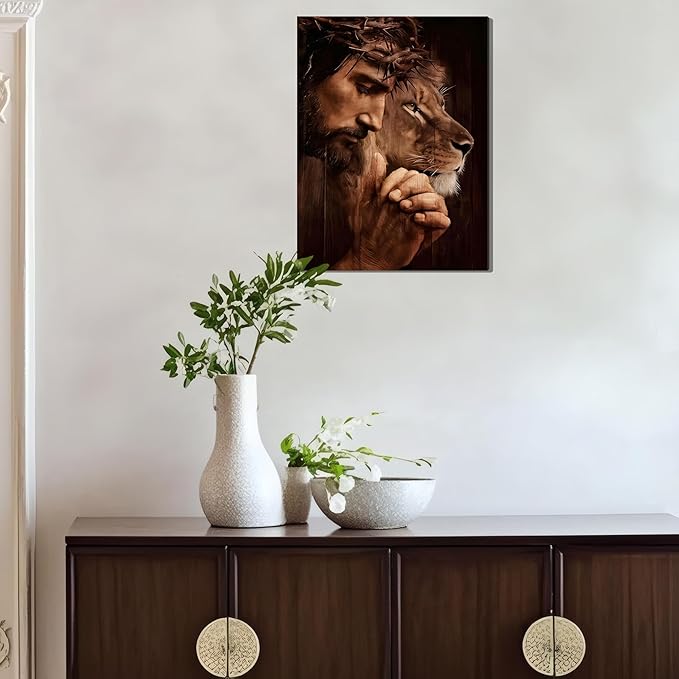 Framed Christian Jesus Canvas Wall Art, Lion of Judah Pictures Wall Decor, Biblical Paintings Prints Religious Home Decor for Living Room Bedroom Church Prayer Room 16x24 inch