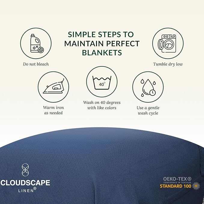 Cloud Scape Linen 100% Cotton Blanket 92x92 Ensign Blue - Cozy Herringbone Weave, Fits Up to for Full Size Beds, Breathable Softness, All-Season Warmth, Winter Blanket, for Women