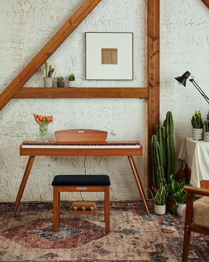 Donner Piano Bench with Storage, Solid Wood Keyboard Bench Piano Bookcase Stool Chair Seat with High-Density Suede Cushion, Wood Finish Color