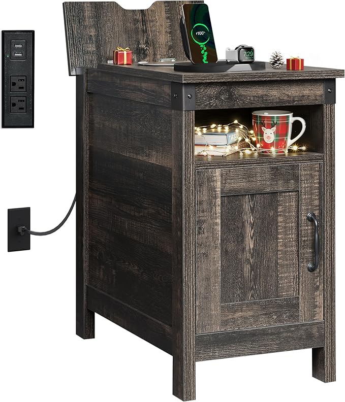 WLIVE End Table with Charging Station, Narrow Side Table for Living Room, Farmhouse Night Stand with Storage, Small Wooden Cabinet with USB Ports and Outlets for Living Room and Bedroom, Brown
