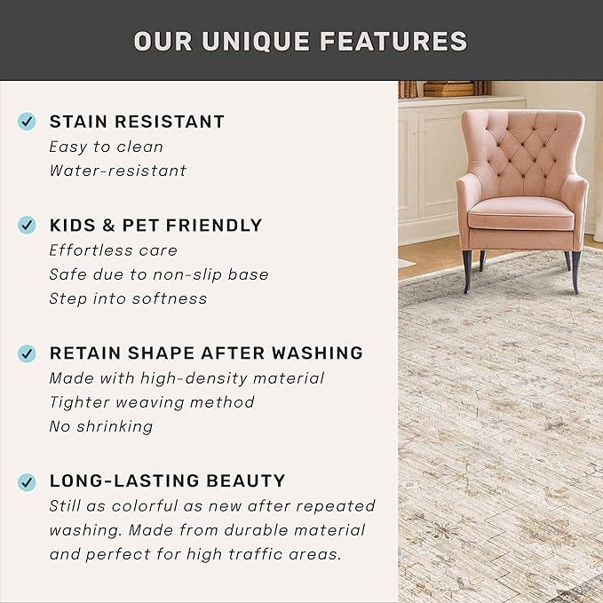 Washable 2x8 Runner Rugs for Hallway Non Slip, Stain Resistant Farmhouse Kitchen Rugs, Geometric Floral Indoor Floor Mats for Entryway, Vintage Beige Home Décor, Low Pile & Soft Carpet