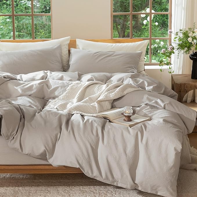 MooMee Bedding Duvet Cover Set 100% Washed Cotton Linen Like Textured Breathable Durable Soft Comfy (Heathered Cream Grey, King 104"x90")