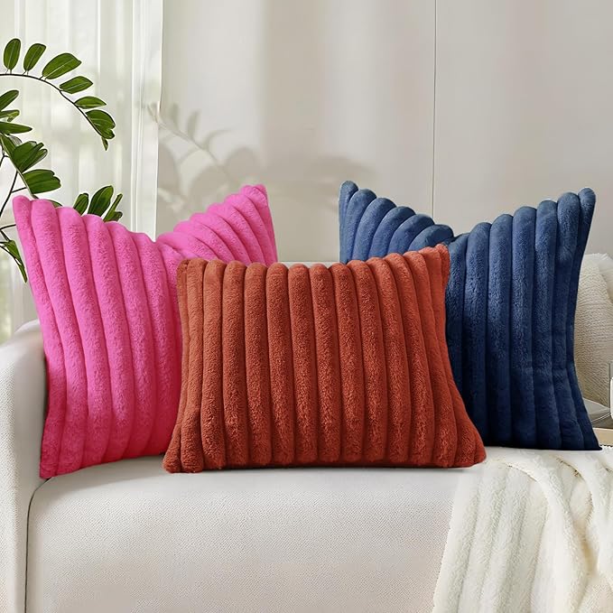 decorUhome Faux Fur Spring Throw Pillow Covers 18x18 Set of 2 Decorative Soft Plush Striped Neutral Couch Pillow Covers with Velvet Back for Sofa Bed Living Room Home Valentines, Hot Pink