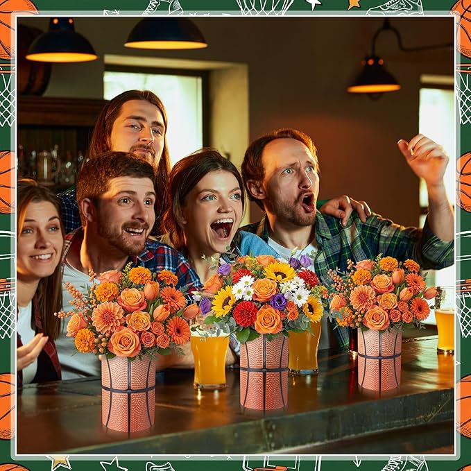6 Set 5 Inch Basketball Vase Table Centerpiece Sports Style Round Basketball Runner Flower Box with Paper Removable Foam Vase for Home Artificial Flower Utensil Holder Kitchen Party Decor
