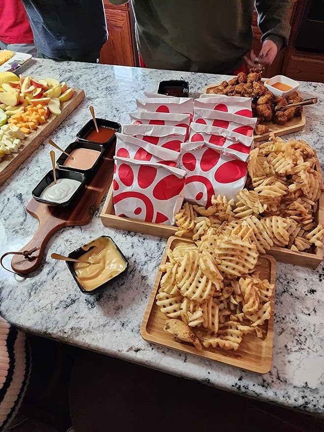 Bamboo Serving Trays Cutting Boards 16.5"x11.8"(42x30cm with Handle, Set Includes 0.63"(1.6cm) Thick Plates 1xHexagon 12.5"(32cm)+1xSquare 7.8"(20cm)+1xSquare 5.9"(15cm) for Family Dinner