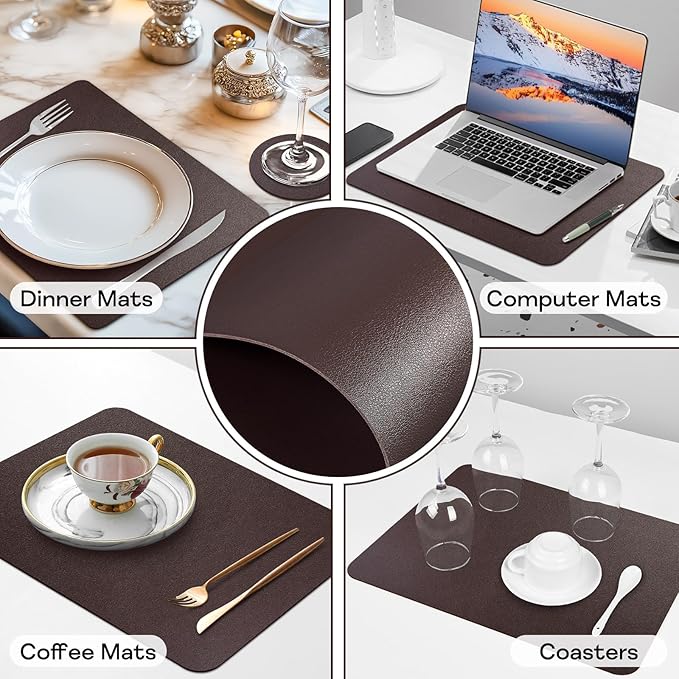 Faux Leather Placemats Set of 6, Vinyl Placemats Heat Resistant Place Mats, Waterproof Oil-Proof Wipeable Dining Table Mats and Coasters for Kitchen, Indoor, Outdoor (Coffee 16 x 12 inch)