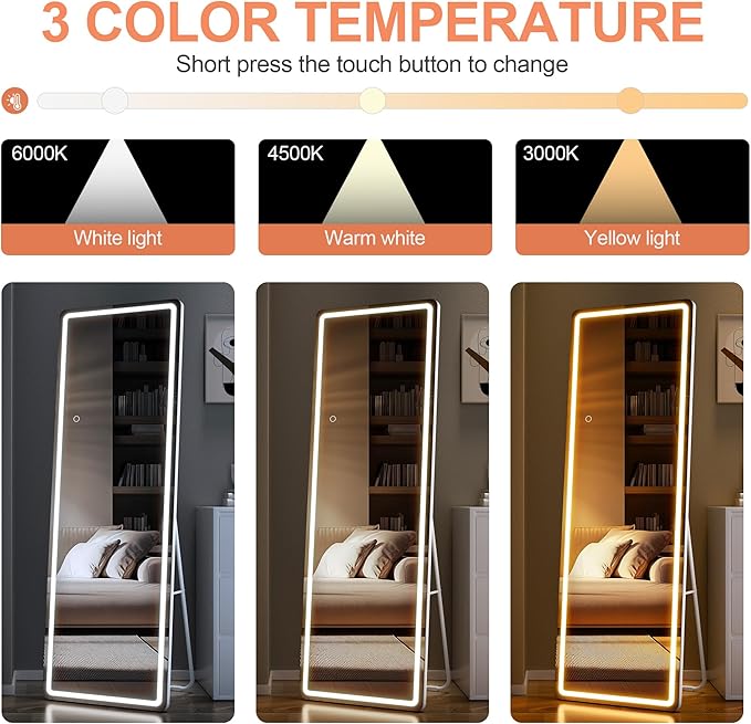Full Length Mirror with Lights, 56" x 15.8" LED Lighted Floor Standing Body Mirror, Dimmable & 3 Color Lighting for Bedroom, Cloakroom, Dressing Room, Tempered Glass, White