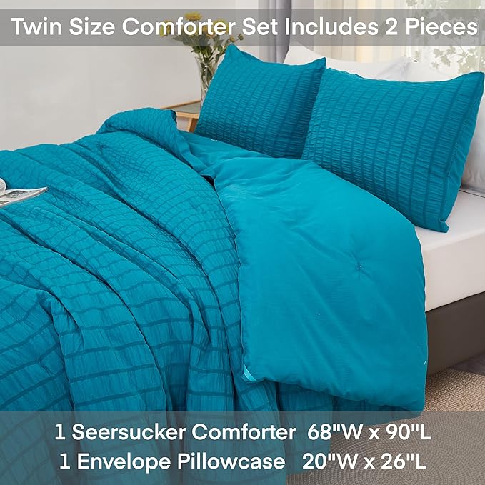 AveLom Teal Seersucker Twin/Twin XL Comforter Set (68x90 inches), 2 Pieces-100% Soft Washed Microfiber Lightweight Comforter with 1 Pillowcase, All Season Down Alternative Comforter Set for Bedding
