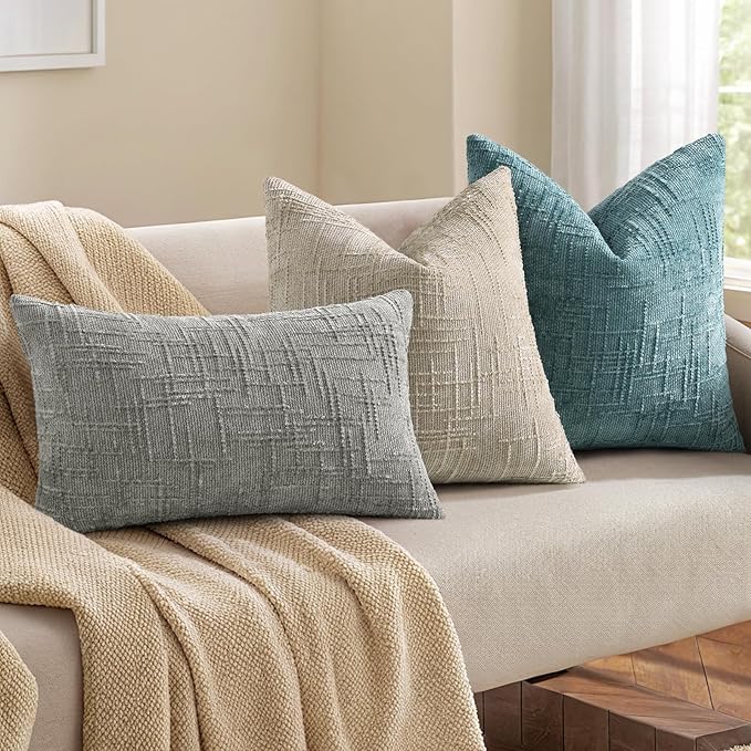 decorUhome Spring Teal Chenille Throw Pillow Covers 12x20 Set of 2 Textured Slubby Couch Pillow Covers Farmhouse Accent Modern Neutral Decorative Pillow Cases for Bed Sofa Living Room