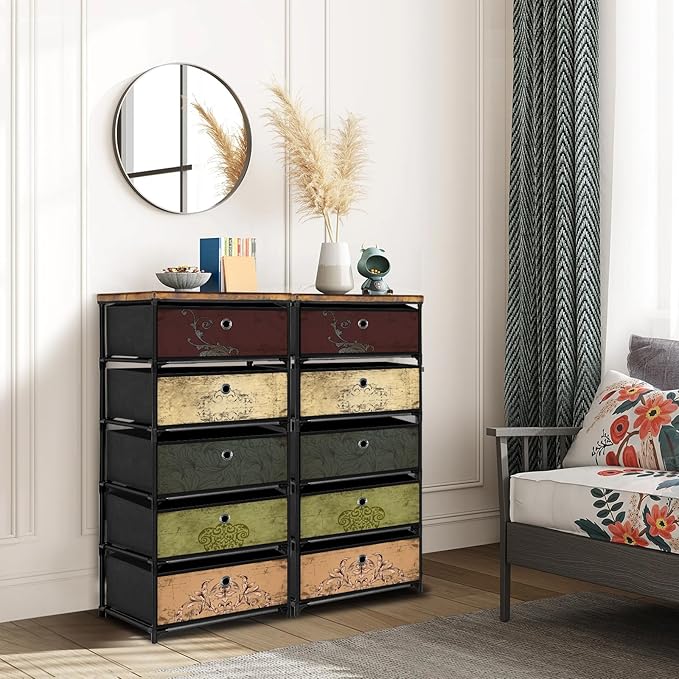 Nightstand with 5 Drawers, Clothes Storage Organizer, Small Fabric Dresser for Bedroom, Closet, Entryway, Hallway, Nursery, Dorm