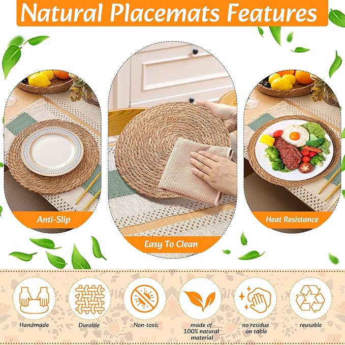 6 Sets Boho Placemats Round Woven Placemats, Cloth Napkins, Wood Bead Napkin Rings, Long Table Runner and Farmhouse Rustic Natural Burlap Cotton for Kitchen Dining Table Home (Green)