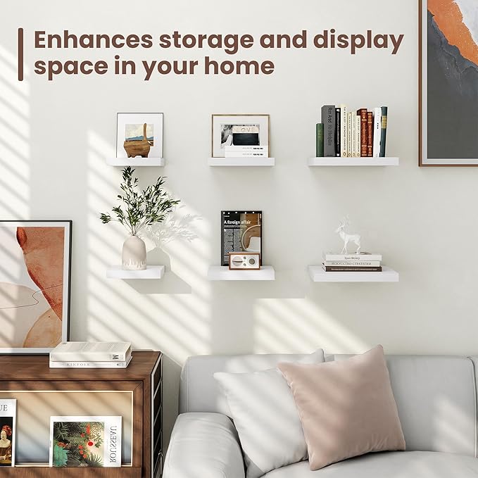 Fun Memories Floating Shelves for Wall - 9.3 Inch Square Shelves with Invisible Brackets, White Small Wall Shelf for Living Room, Bathroom, Bedroom, and Kitchen Decor,Set of 4