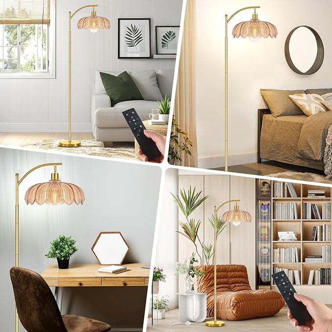 gernehop Gold Floor Lamp for Living Room with Remote,Unique Vintage Standing Tall Lamp,Mid Century Modern Floor Lamps Arc Glass Floor Lamps for Office Corner
