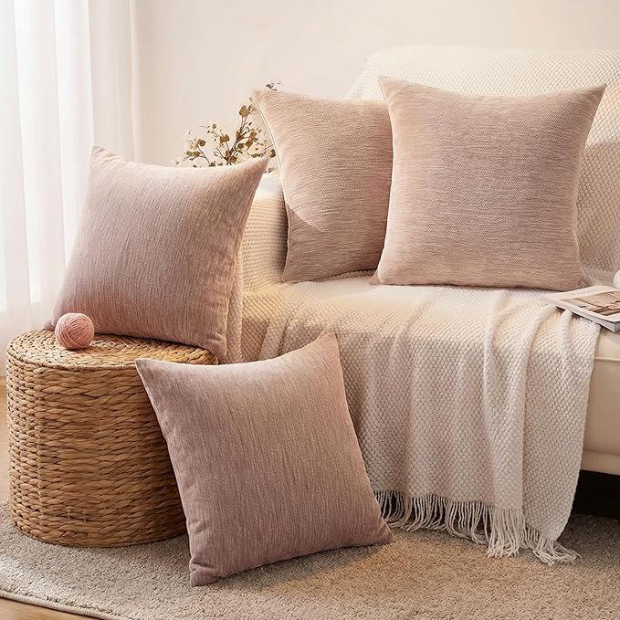Set of 4 Blush Pink Throw Pillow Covers 18x18 Inch, Neutral Boho Farmhouse Aesthetic Decorative Pillow Cases for Couch, Sofa, Living Room & Bed, Chenille Pillow Cases, Stylish Home Decor, 45x45 cm