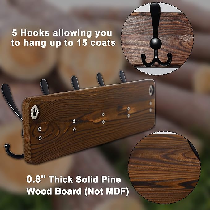 Dseap Wall Mount Coat Hanger - Heavy-Duty Robust Barnwood-Style Wooden Hook Rail with 5 Triple Hooks for Winter Coats, Hats, Jackets, Weathered Green & Black