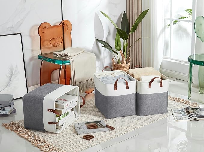 DECOMOMO Large Fabric Storage Baskets - Linen Closet Storage Bins with Handles for Laundry, Clothes, Home, Office (Slate Grey & White, XXL - 3 Pack)