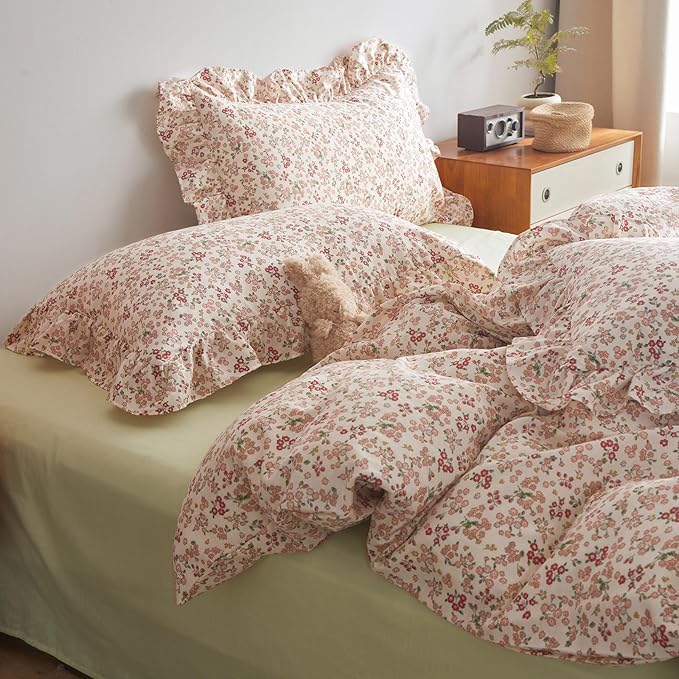Girls Pink Floral Duvet Cover Full Size Cute Pink Red Flower Duvet Cover 100% Cotton Aesthetic Floral Bedding Set Botanical Flower Cottagecore Comforter Cover with Ruffle Pillowcases for Teen Girls