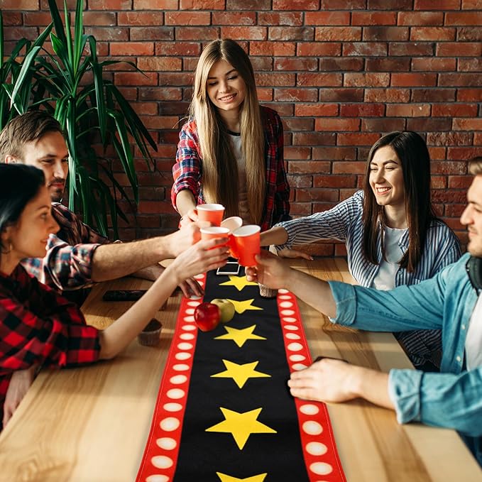 4 Pcs 13 x 72 Inch Movie Night Table Runner with Gold Star Design - Movie Night Black Carpet Decoration for Birthday Party Supplies (Black)