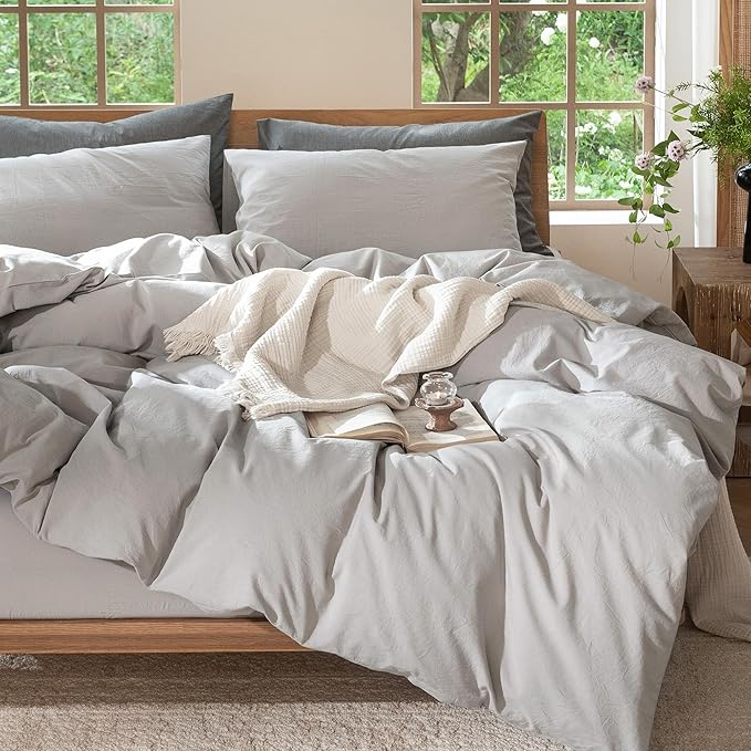 MooMee Bedding Duvet Cover Set 100% Washed Cotton Linen Like Textured Breathable Durable Soft Comfy (Solid Tan, King 104"x90")