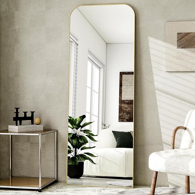 HARRITPURE 57"x20" Full Length Mirror, Gold Rounded Corner Aluminum Frame Standing Mirror, Hanging/Leaning Wall Floor Mirror with Stand for Living Room Bedroom Cloakroom