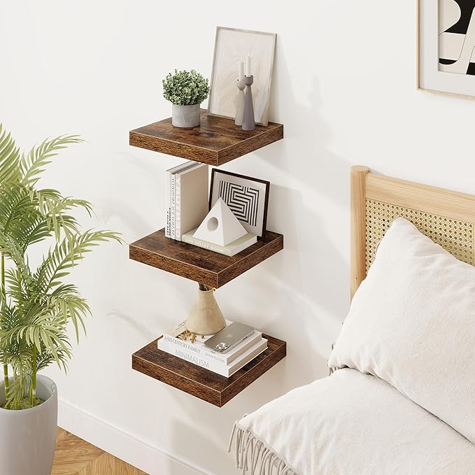 Square Floating Shelves for Wall, 8"W x 8"D x 1.25"H, 3 Pack Small Wall Mounted Engineered Wood Shelves with Invisible Brackets for Living Room, Bedroom, Bathroom, Kitchen Decor, Rustic Brown