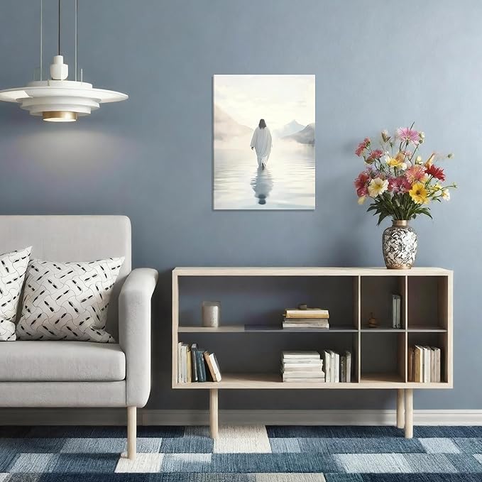 Framed Jesus Walking on Water Wall Art, Christian Canvas Wall Decor Pictures, I Will Walk With Christ Posters Prints Religious Home Decor for Living Room Bedroom Church Prayer Room12x16 inch