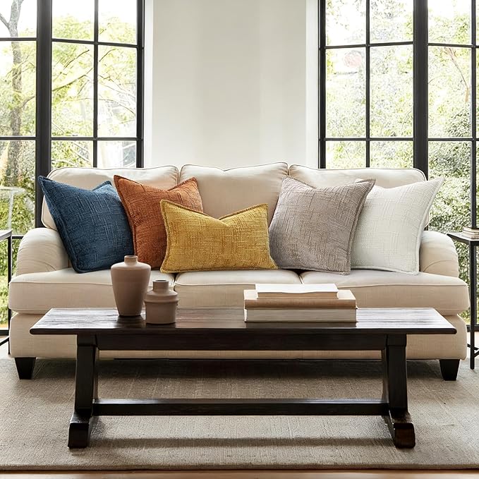 decorUhome Chenille Spring Throw Pillow Covers 20x20 Set of 2, Thick Textured Slubby Neutral Decorative Pillow Covers with Elegant Design for Couch, Sofa, Living Room, Cream White