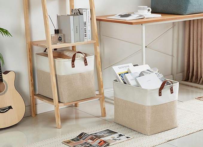 DECOMOMO Large Fabric Storage Baskets - Linen Closet Storage Bins with Handles for Laundry, Clothes, Home, Office (Beige & White, XXL - 3 Pack)