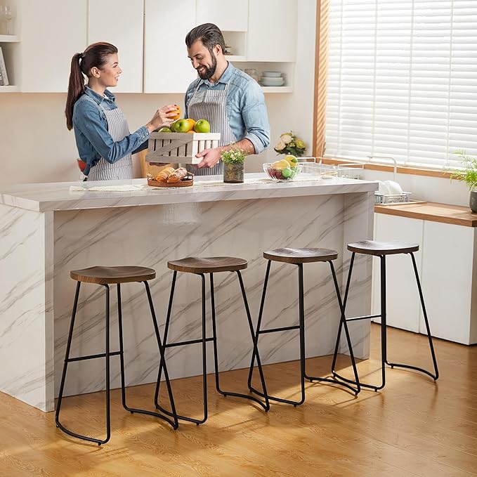 HeuGah Bar Stools Set of 2, 30 Inch Counter Height Bar Stools, Brown Saddle Seat Barstool for Kitchen Island, Industrial Wood Bar Height Stool with Metal Leg (Brown, 2 PCS 30Inch Barstool)