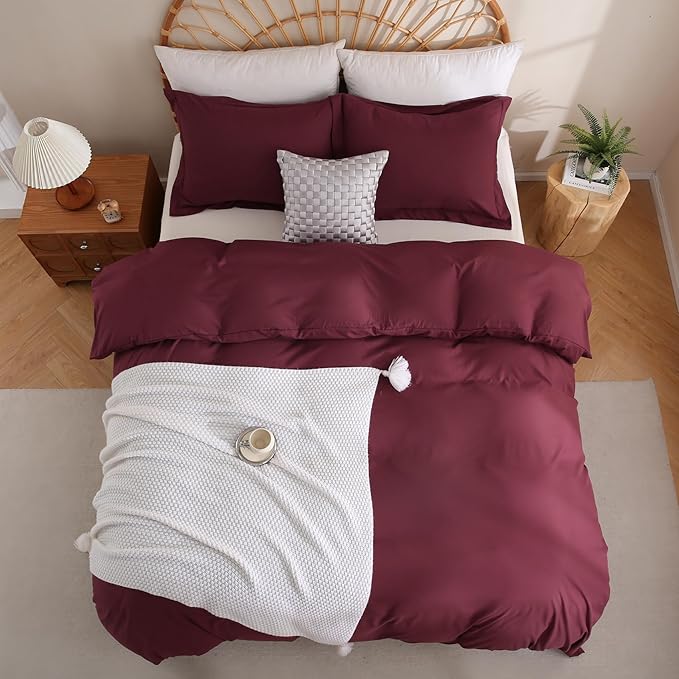 JSD Burgundy Duvet Cover Set Twin Size, 2 Piece Microfiber Kids Duvet Cover with Pillow Sham, Zipper Closure, Comforter Not Included