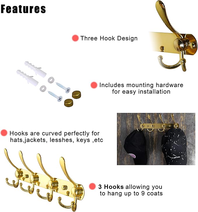 Dseap Coat Rack Wall Mounted - 5 Tri Hooks, Heavy Duty, Stainless Steel, Metal Coat Hook Rail for Coat Hat Towel Purse Robes Mudroom Bathroom Entryway (Gold, 2 Packs)