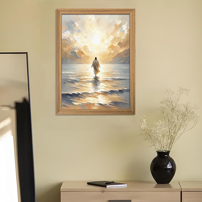 Framed 3D Textured Jesus Walking on Water Wall Art, Christian Bible Stories Wall Decor Paintings, Jesus Walks on Water on Water Back Posters Prints Pictures for Church Living Room Bedroom 12x16 Inch