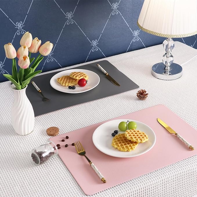 Faux Leather Placemats HeloHo Pink and Grey Table Place Mats Set of 4 Waterproof Oilproof Heat Stain Resistant Washable Wipeable Placemat for Kitchen Dining Table Decoration Indoor Outdoor