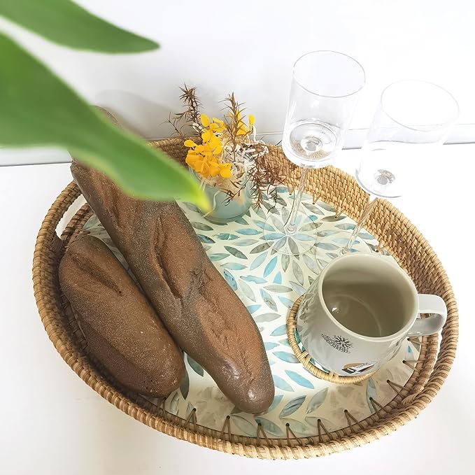 i-lan 17 Inch Blue Mother of Pearl Inlay Rattan Serving Platter,Rattan Coffee Bread Tray Display with MOP Inlay Wooden Base, Decorative Wicker Basket for Table Decor, Storage of Fruit,Candy
