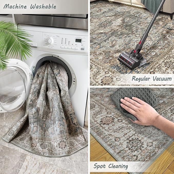 Fortsea Machine Washable Rug 8x10 - Vintage Inspired Distressed Design Large Area Rugs,Soft Durable, Stain Resistant, Non-Shedding, Easy Clean Area Rugs (Olive/Taupe, 8X10)