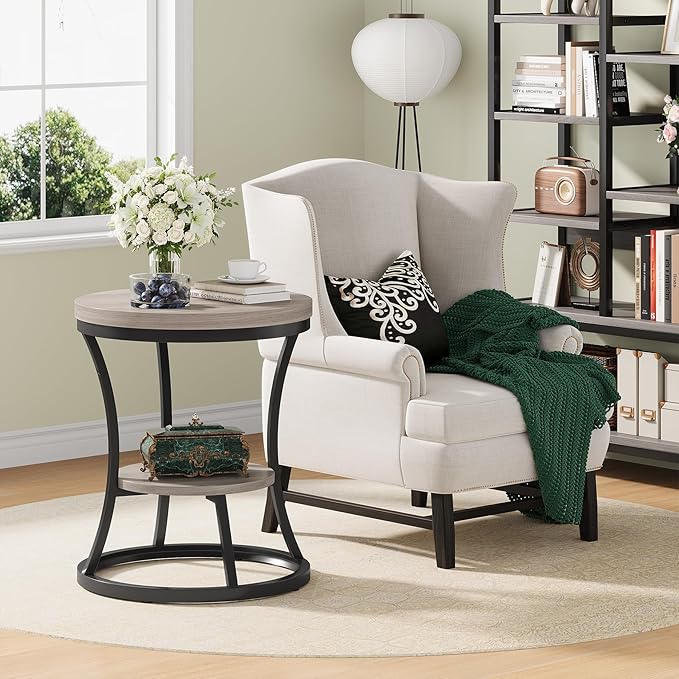 Round End Table, 2 Tier Industrial Side Table, Accent Bedside Table Nightstand with Metal Frame for Living Room, Bedroom, Small Spaces, Easy Assembly, Grey Brown & Black