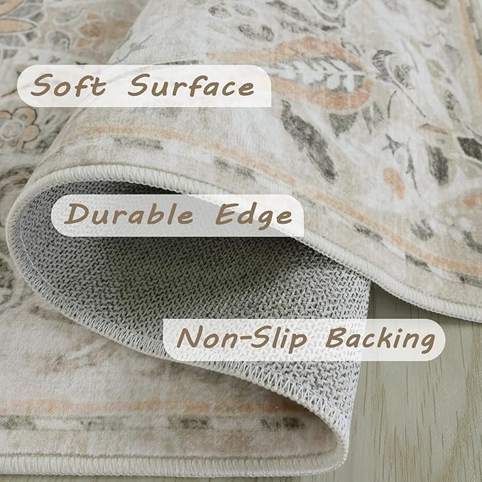 Fortsea 4x6 Beige Washable Rug, Non Slip Low Pile Vintage Floor Mat for High-Traffic Entryway & Kitchen (4x6, Beige)