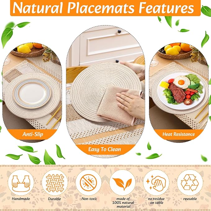 6 Sets Boho Place Mats Set Round Woven Placemats, Cloth Napkins, Wood Bead Napkin Rings, White Table Runner with Tassel and Farmhouse Rustic Placemats Cotton Burlap for Kitchen Table Decor