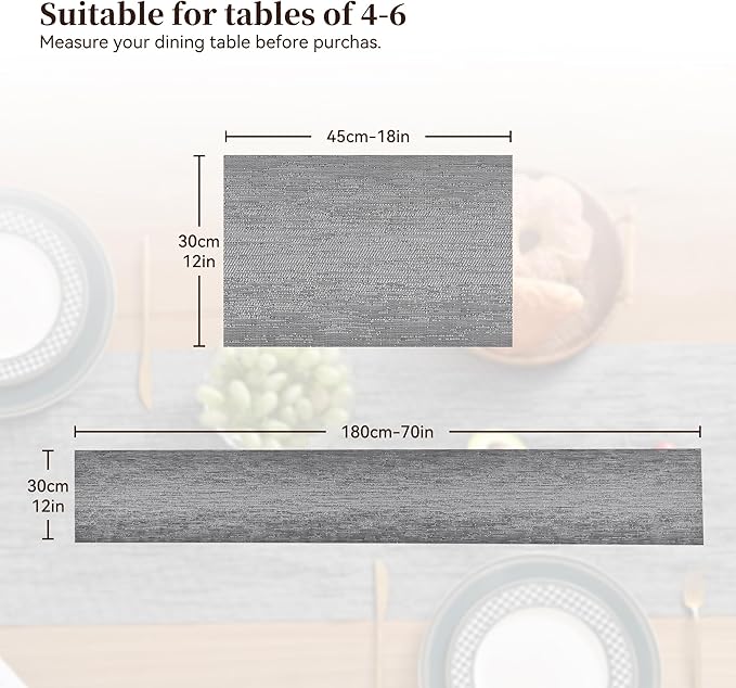 Leetaltree Grey Table Runner and Placemats Set of 7, Heat Resistant Non-Slip Place mats for Dining Table, Washable Durable PVC Vinyl Woven Table Mats Set