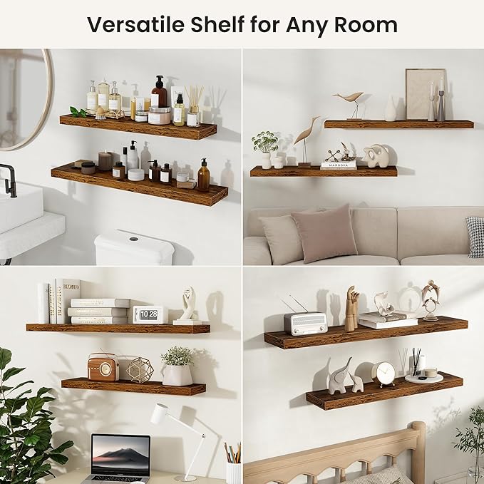 Fun Memories Floating Shelves for Wall, Rustic Wood Wall Mounted Shelves for Bathroom, Bedroom, Living Room and Kitchen, Storage & Home Decor (Set of 2, Brown, 30 in)