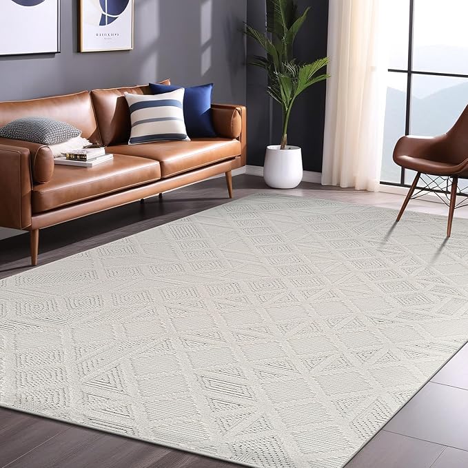Luul Home Modern Micro Loop Indoor Area Rugs for Living Room Bedroom Kitchen Geometric Square White 5x7 Luxury Durable Low and High Pile Non-Shedding Stain Resistant Soft Area Carpet 5 x 7